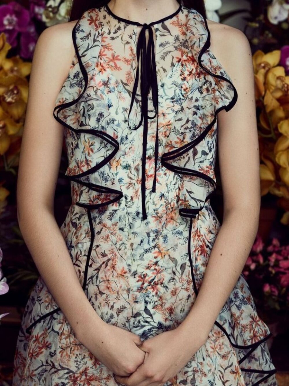 Sachin + Babi Cream Floral High-Low Ruffle Dress with Black Trim
